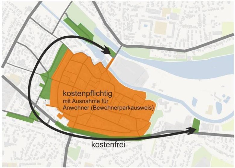 Altstadt Warendorf mit Einzeichnung der kostenpflichtigen und kostenfreien Parkzonen